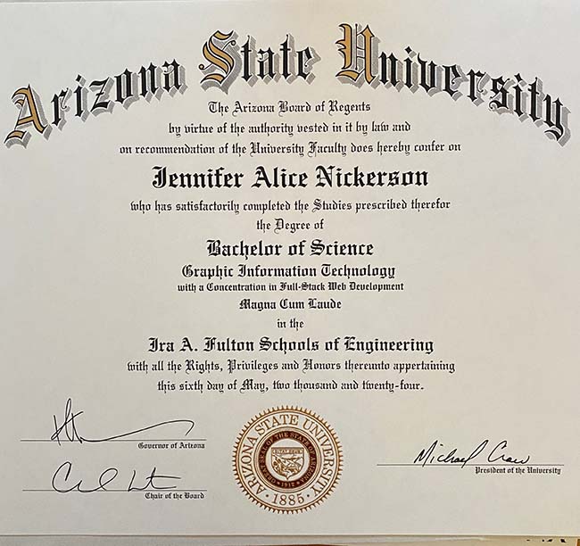bachelor of science diploma from ASU