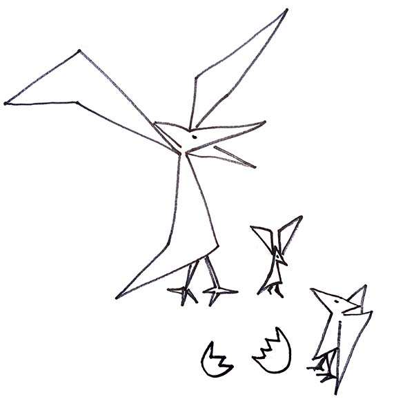 hand drawing of a mother pterodactyl and her two babies 